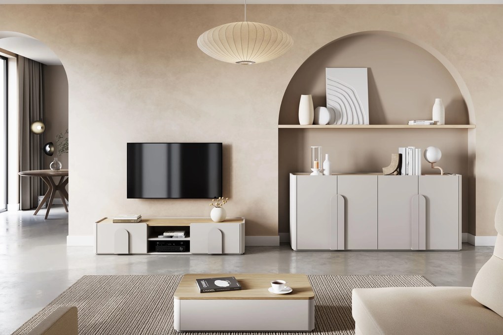 Komoda Amilio 200 cm czterodrzwiowa - kaszmir / dąb olejowany / uchwyty kaszmir