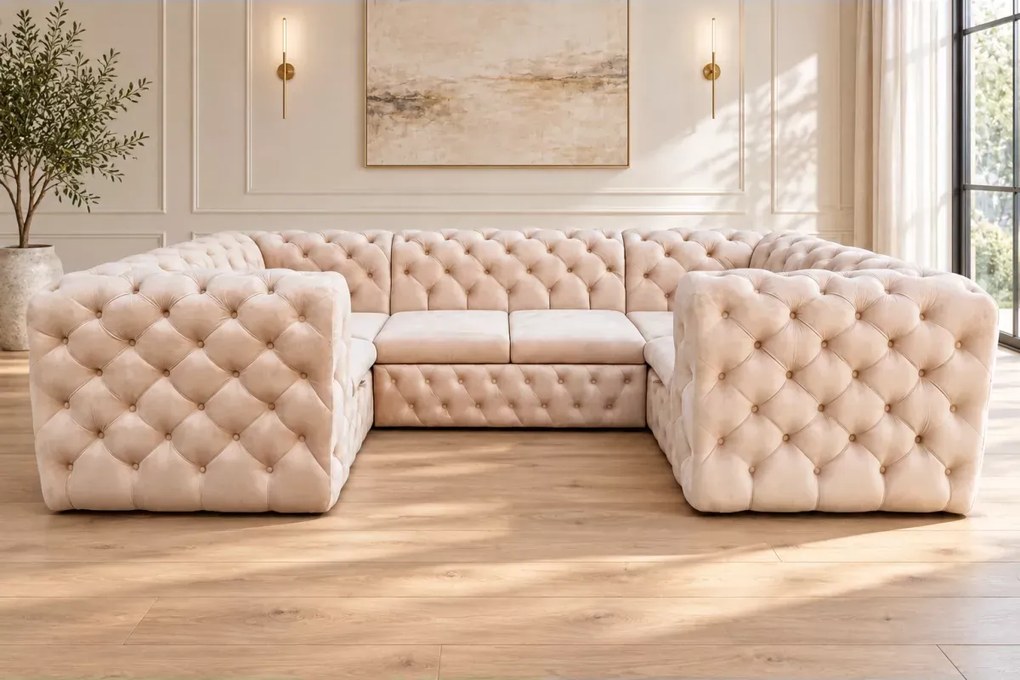 Narożnik Chesterfield Moet U z funkcją spania duży pikowany do salonu