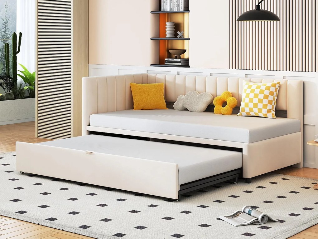 Łóżko piętrowe 90/180x200cm z weluru - Beżowe (materac nie jest w zestawie)