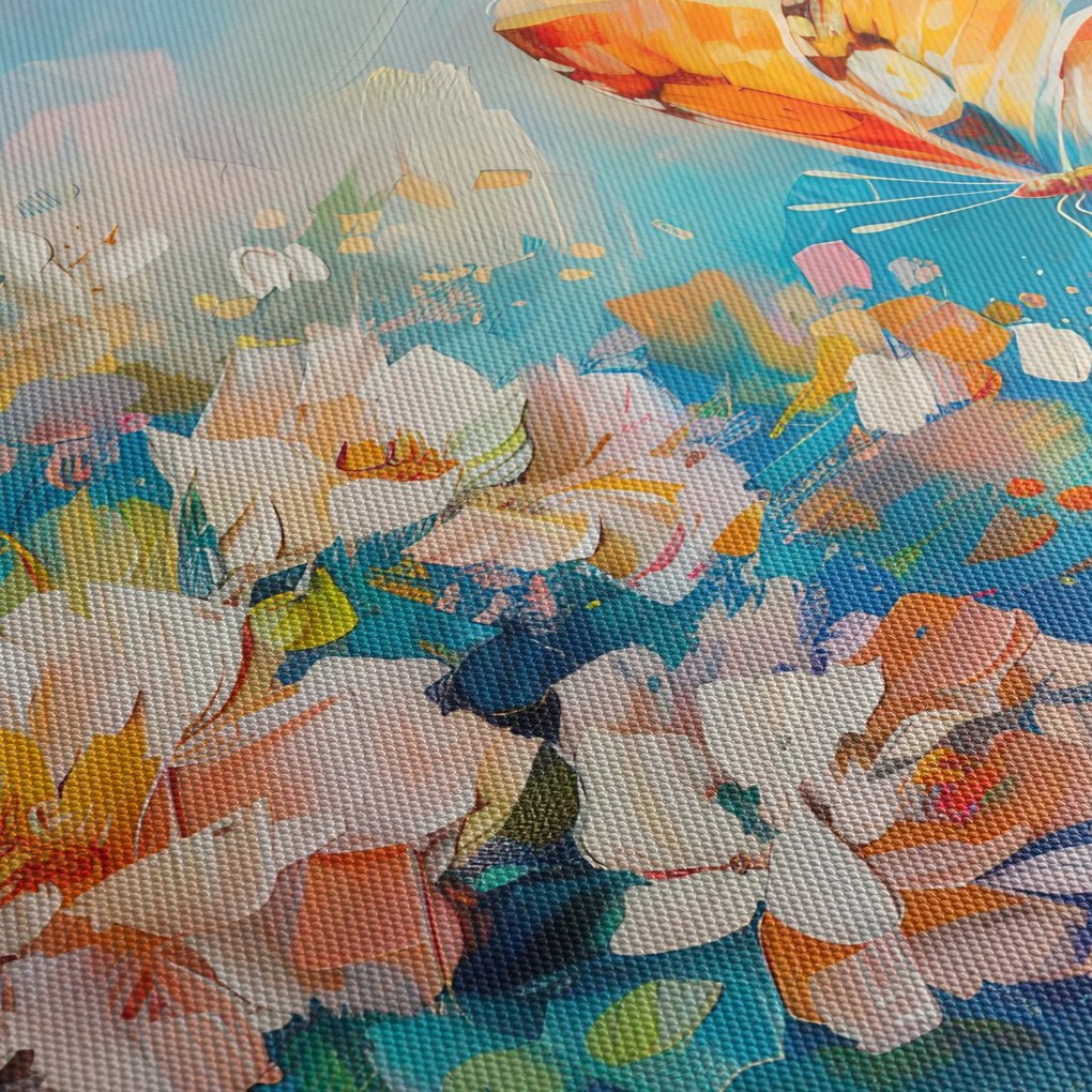 Obraz - Motyl i kwiaty, obraz olejny II. (z zegarem) (90x30 cm)