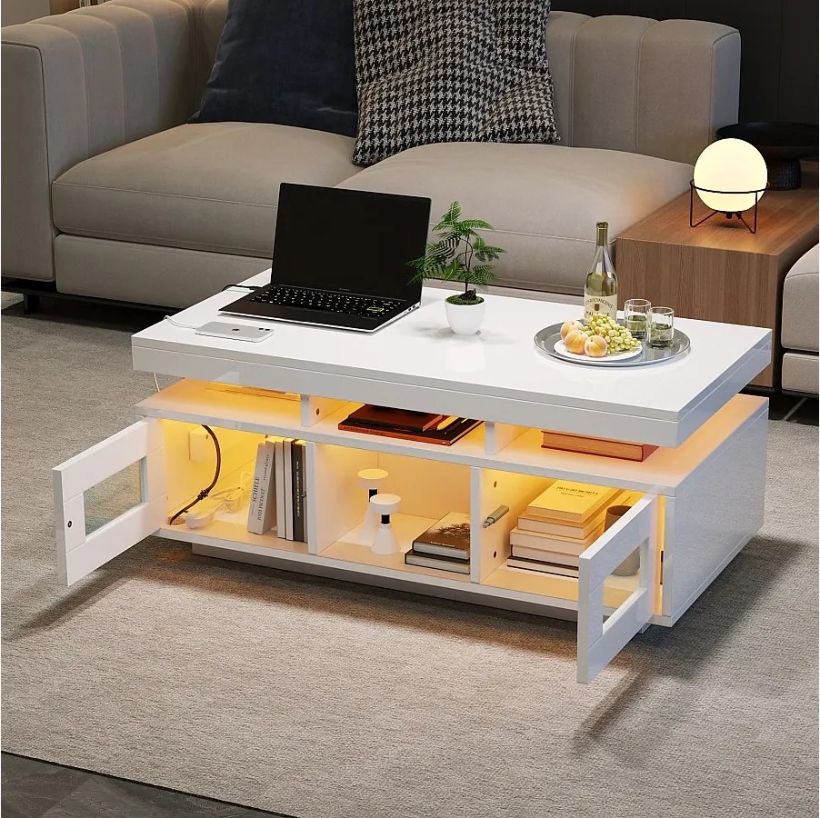 Stolik kawowy błyszczący - 100 x 50 x 43 cm - z diodami LED + 2 drzwi + port ładowania i gniazdo - płyta wiórowa - biały