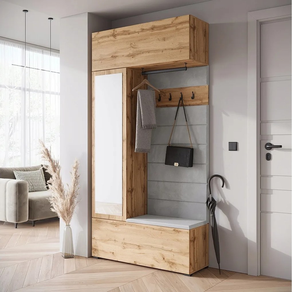 Nowoczesna garderoba szafa do przedpokoju z lustrem siedziskiem i półkami dąb wotan mat