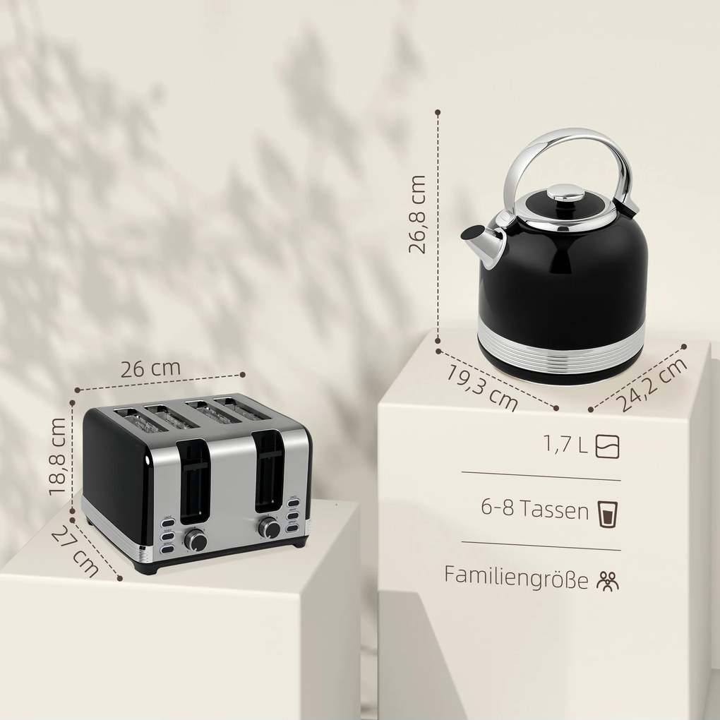 HOMCOM Zestaw czajnika i tostera, 7 poziomów opiekania, 1,7 L, plastik, stal nierdzewna, czarny