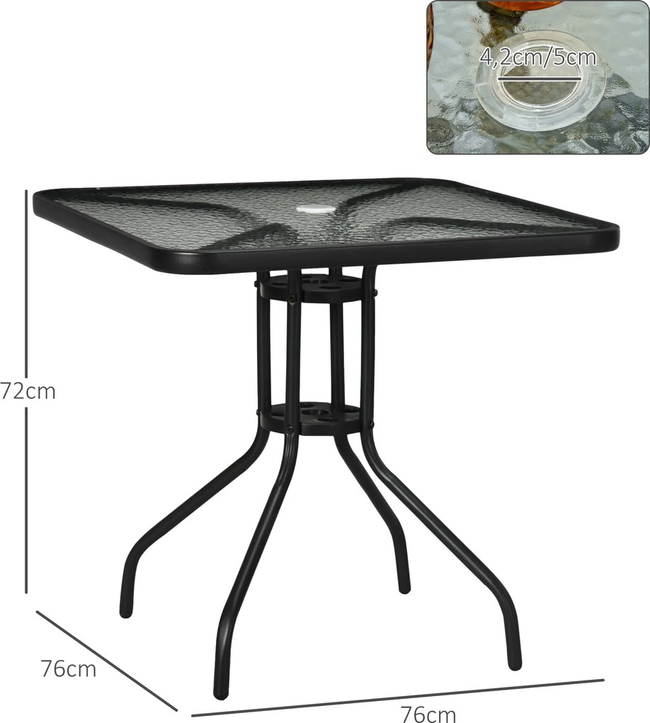 Kwadratowy stół ogrodowy Outsunny 76x76 cm z otworem na parasol, odporny na warunki pogodowe, czarny