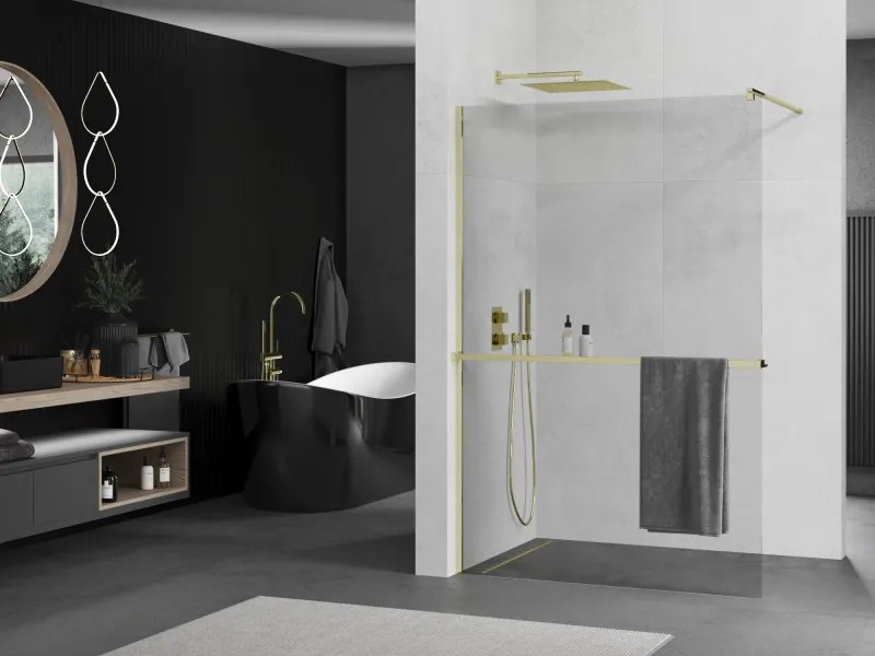 Mexen Kioto+ ścianka prysznicowa z półką Walk-in 80 x 200 cm, transparent, złota - 800-080-121-50-00