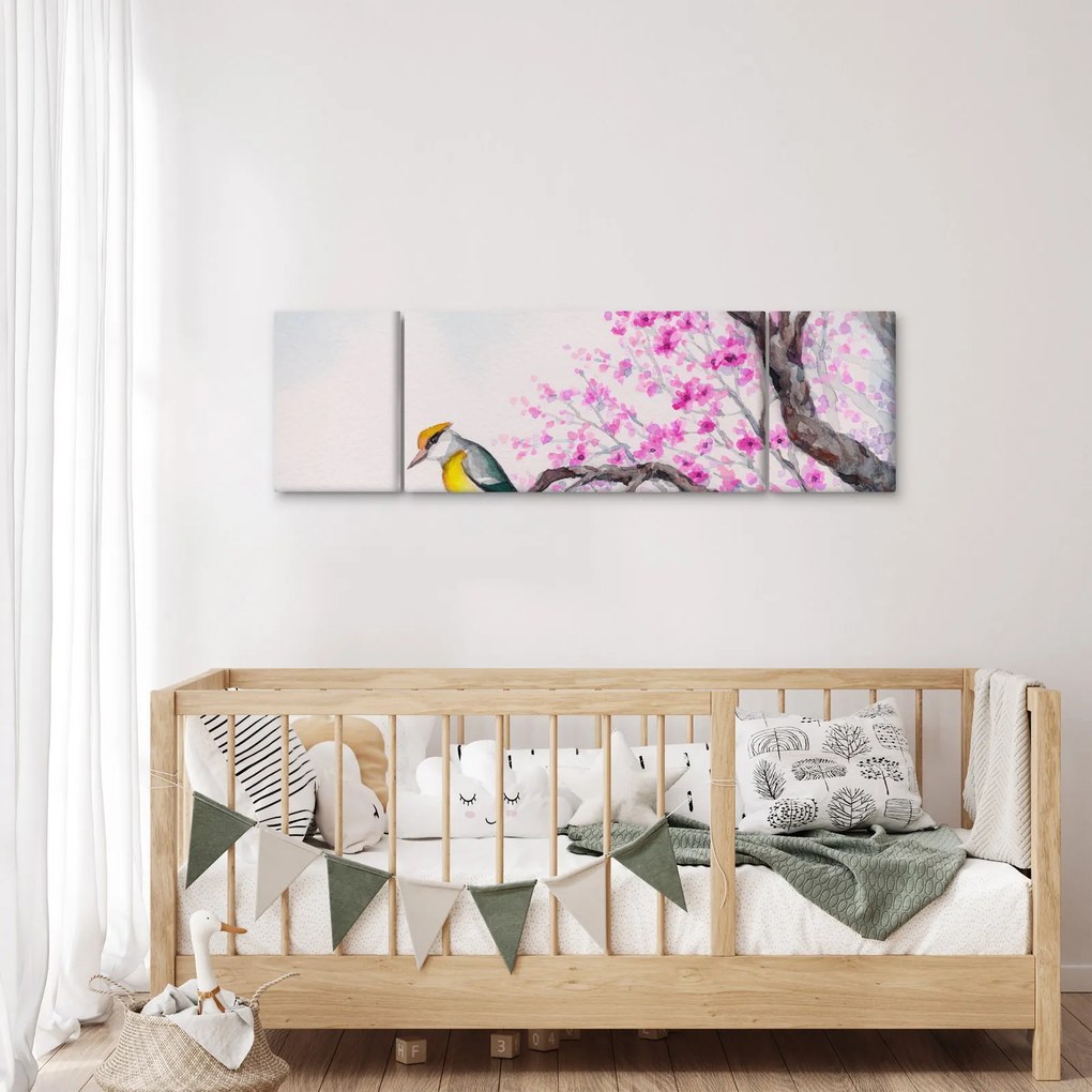 Obraz - ptak na drzewie z różowymi kwiatami (170x50 cm)