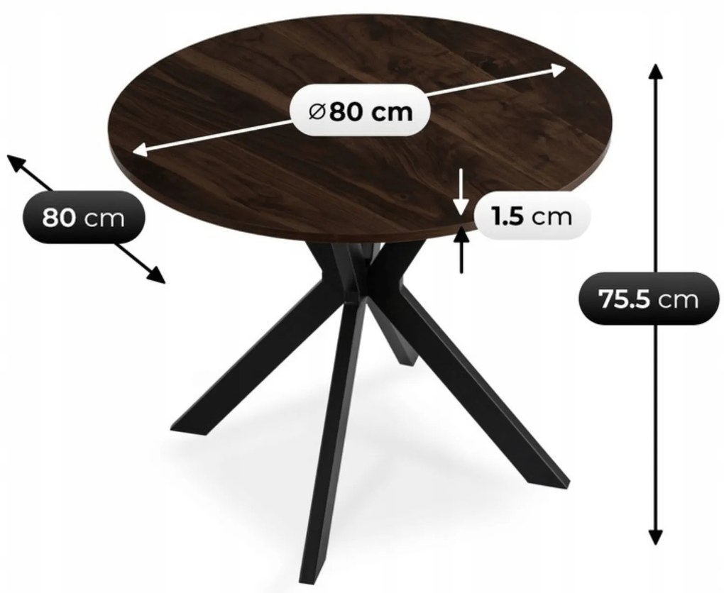 Stół Okrągły LAUREN 80 cm Orzech/Czarny Loft Nowoczesny