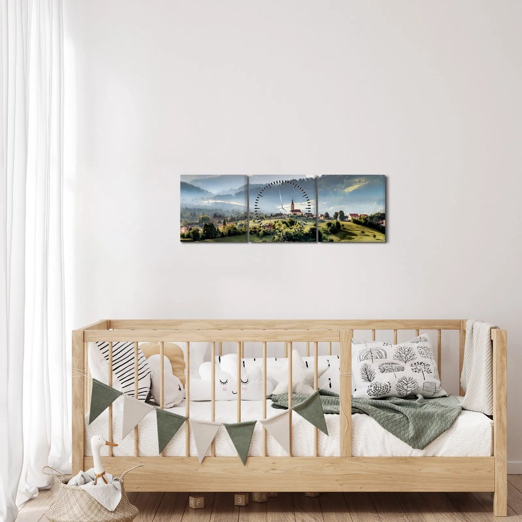 Obraz - wieś we mgle (z zegarem) (90x30 cm)