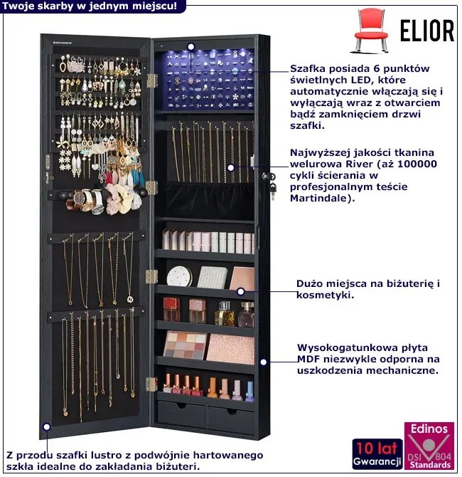 Czarna szafka na biżuterię z lustrem na drzwi F5-P77