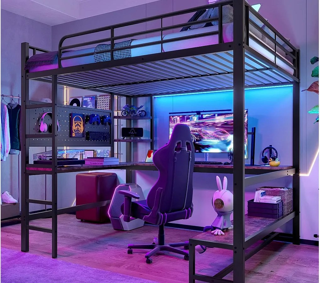 Łóżko mezzanine 140x200cm - z biurkiem + balustradą - z portami USB + Type-C - z taśmą świetlną LED - czarne