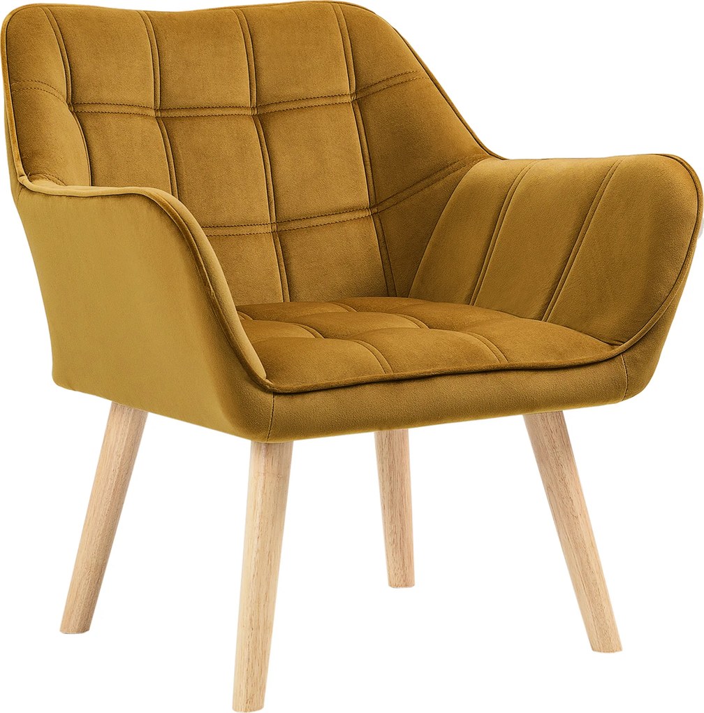 HOMCOM Fotel tapicerowany, Fotel akcentowy, Design skandynawski, Wygląd aksamitny, Do 120 kg, Nogi z drewna kauczukowego, Żółty