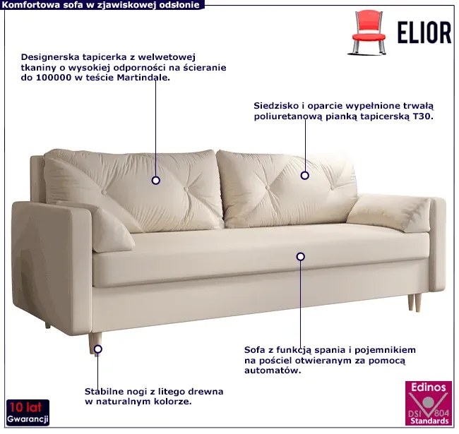 Kremowa tapicerowana welurem sofa rozkładana - Ahmo