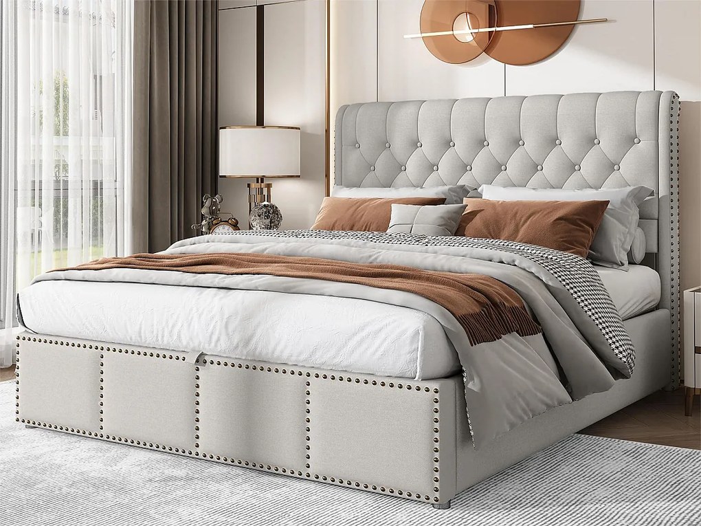 Łóżko ze schowkiem i zagłówkiem - 140 x 200 cm - bawełna-len - stelaż z listew - styl nowoczesny - szaro-biały