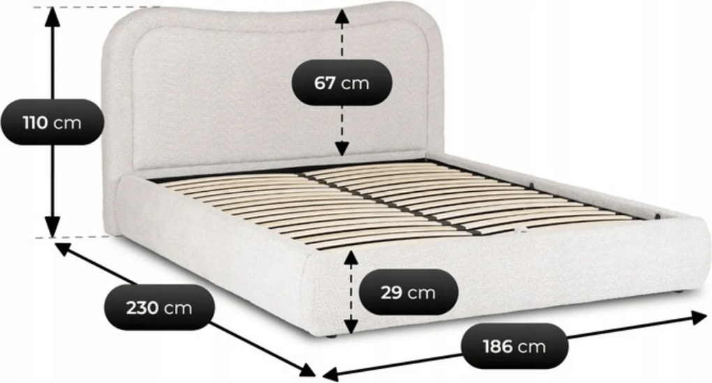 Łóżko Tapicerowane 160x200 cm HAGA ze Stelażem i Pojemnikiem Dwuosobowe Boucle Szare