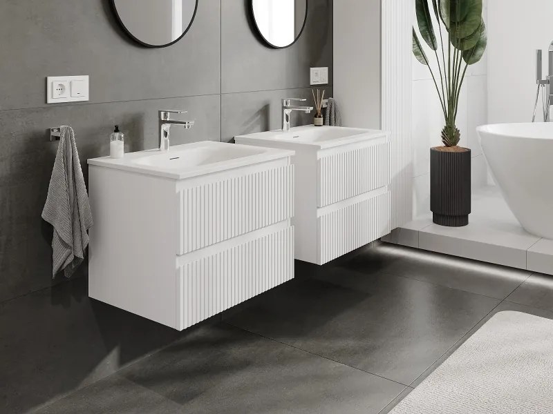 Mexen Rivel szafka łazienkowa 60 cm z umywalką Vela, 2 szuflady, ryflowana , biała mat - 91A20-06047-2-BFF01-W23M01