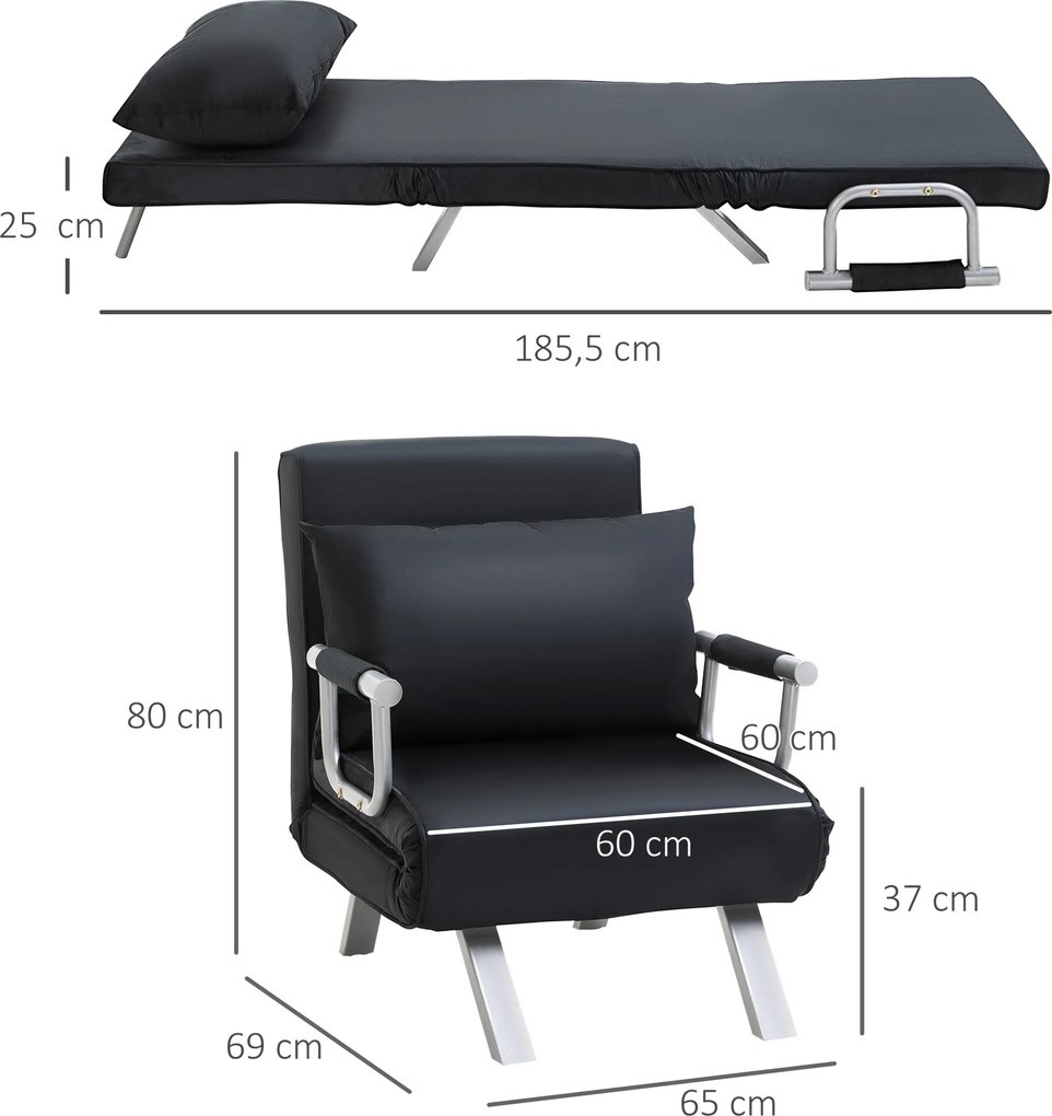 HOMCOM fotel z funkcją spania i łóżka sofa do spania 5-stopniowa regulacja oparcia do 120 kg 65x69x80 cm z poduszką czarny | Aosom PL