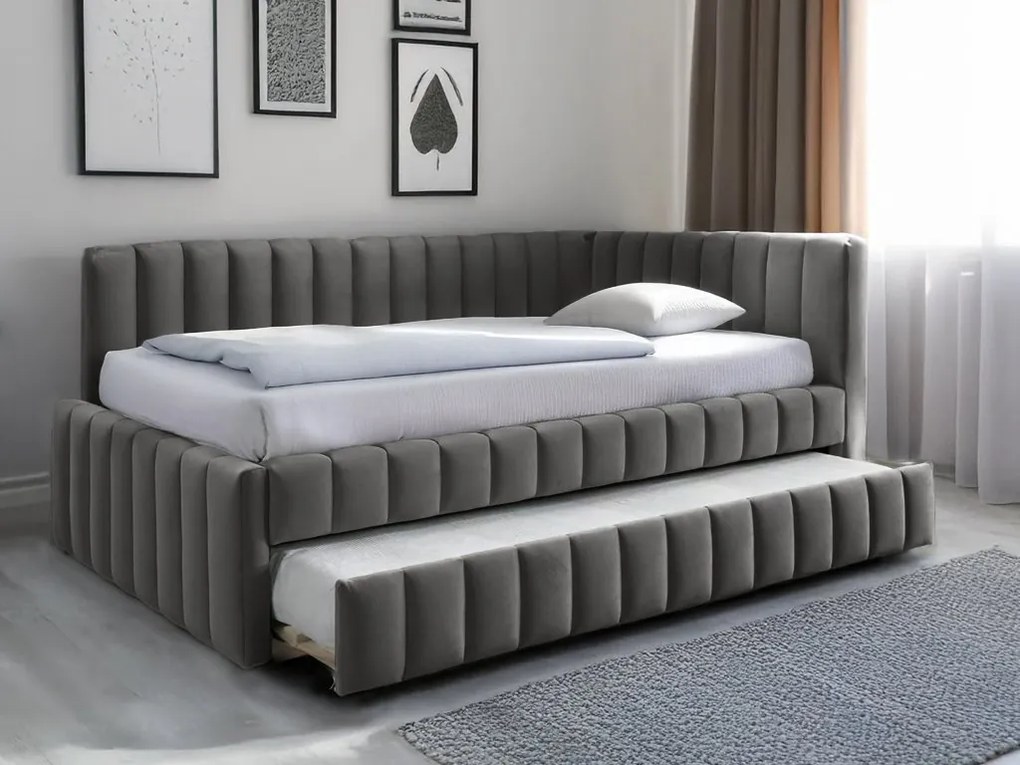 Łóżko tapicerowane COMFINO VELVET z wysuwanym miejscem do spania 120x200 cm, szare