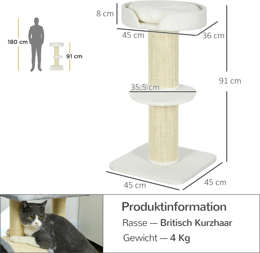 PawHut Drapak dla kota 91 cm z lektrą i platformą, lama kremowa