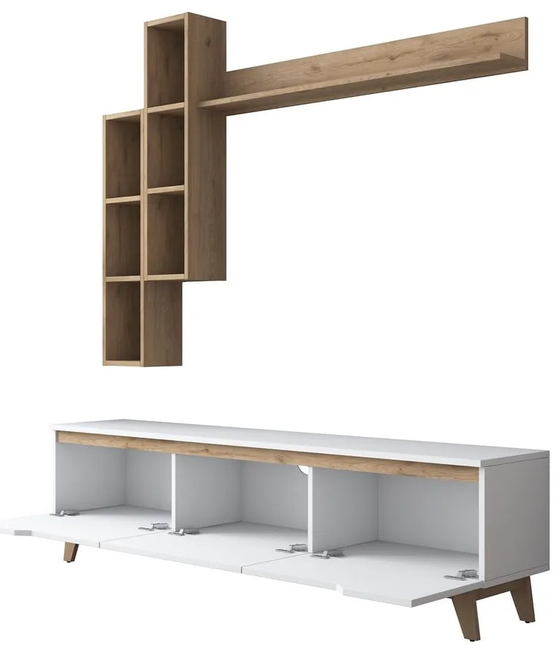 Biały zestaw pod TV w dekorze orzecha 180x49 cm Linh – Kalune Design