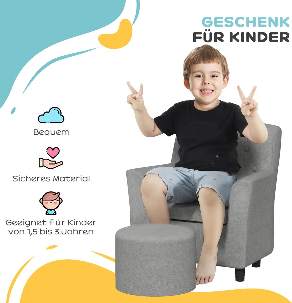 AIYAPLAY Fotel dla dzieci z pufem, oparcie w wzór w romby, miękkie siedzisko, drewniana rama, Szary