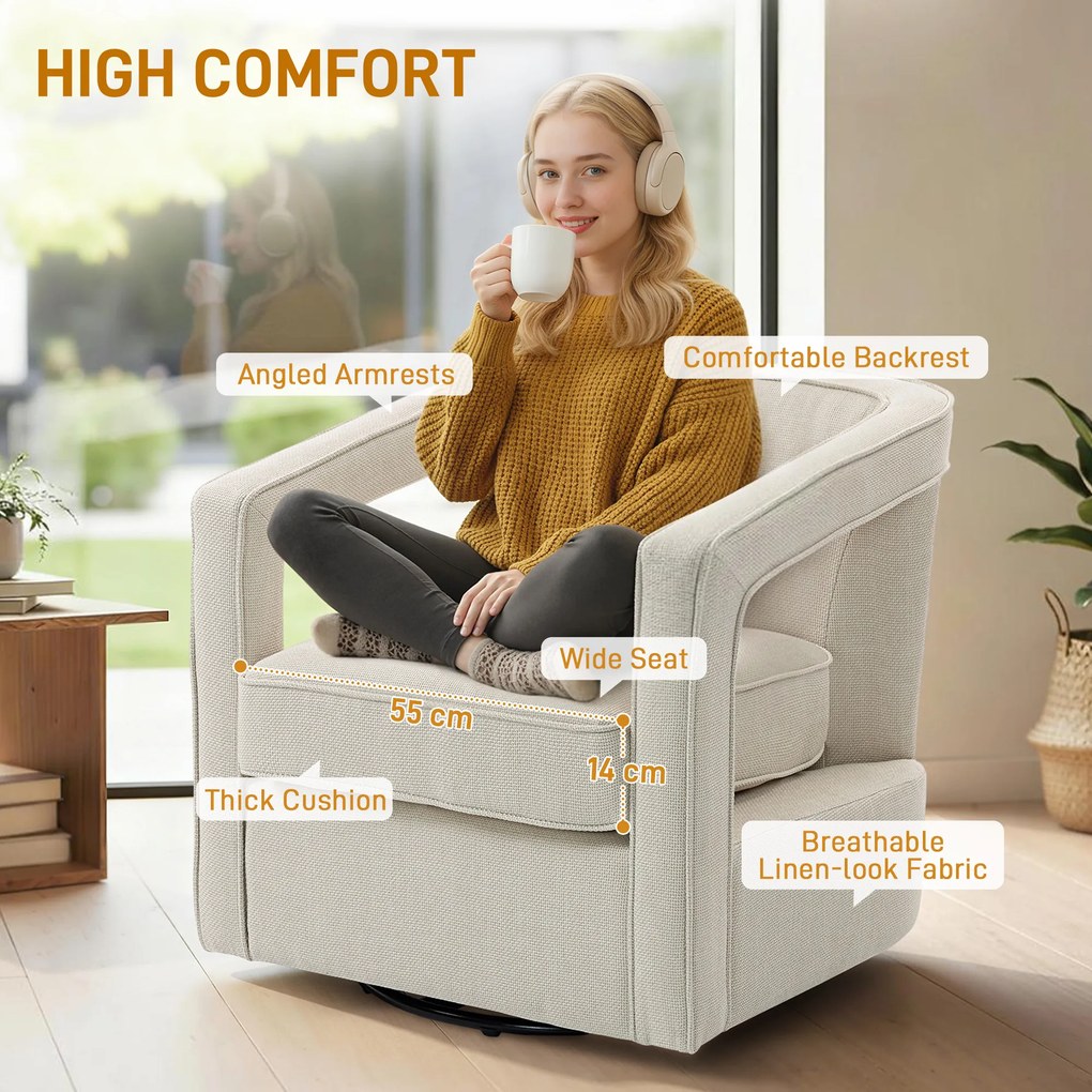 HOMCOM Fotel do salonu 360° obrotowy fotel wypoczynkowy z jednolitym oparciem i podłokietnikami 77 x 75 x 72 cm Beżowy | Aosom PL