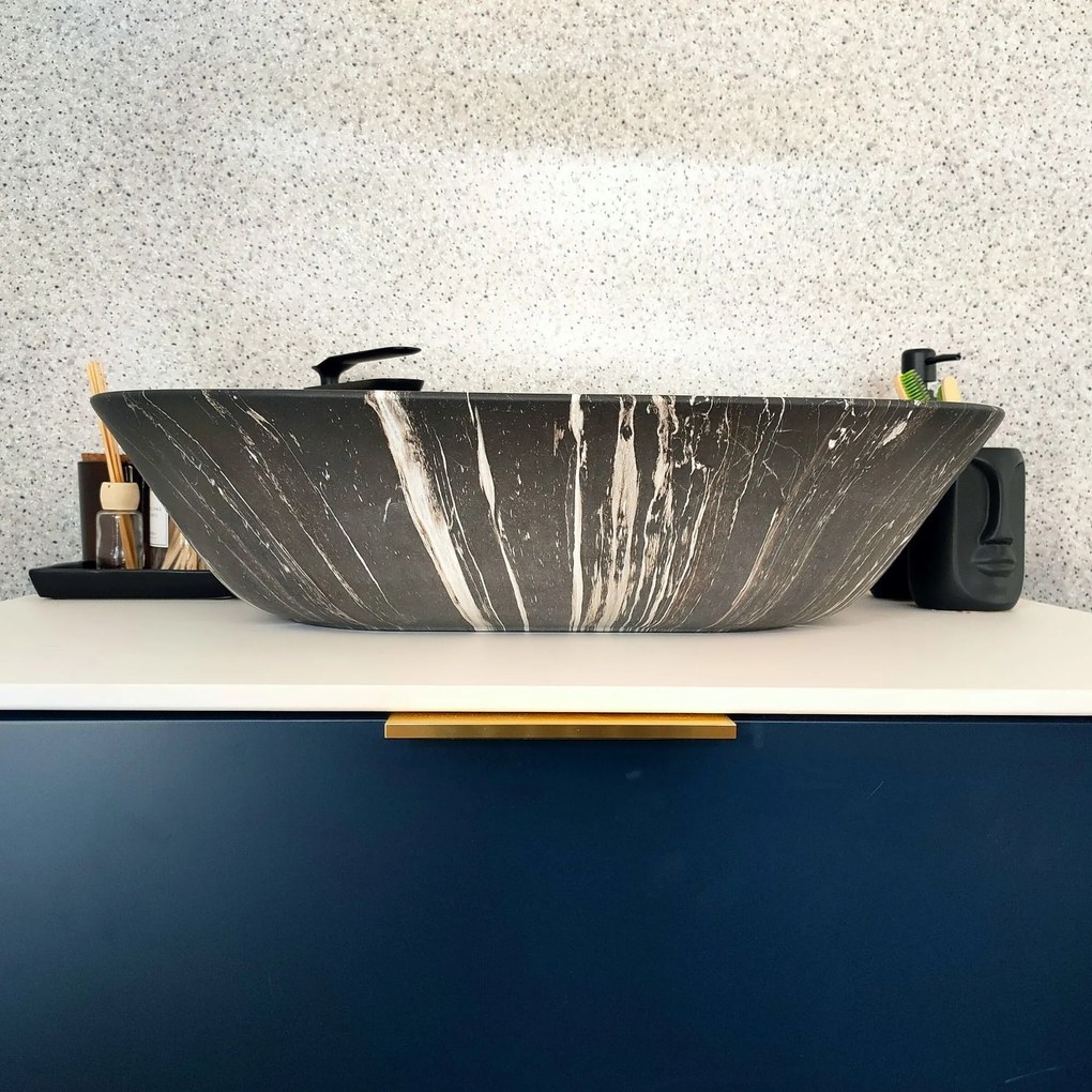 Umywalka ceramiczna nablatowa marmurowa owalna czarna 60 x 42 cm MARMO black matt