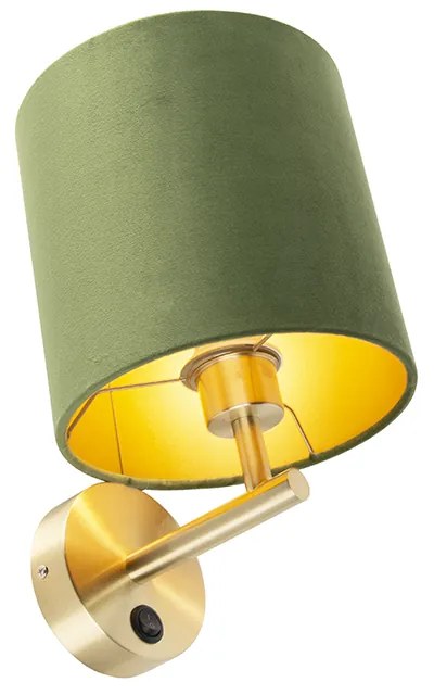Kinkiet / Lampa scienna vintage złoty z włącznikiem klosz welurowy zielony - Matt Nowoczesny Oswietlenie wewnetrzne