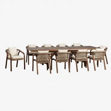 Zestaw Stołu Prostokątnego 200-260-320x100 Cm Rozkładanego Oraz 10 Krzeseł Jadalnianych Z Podłokietnikami Z Drewna Akacjowego Du Tkaniny Gardenia Biel