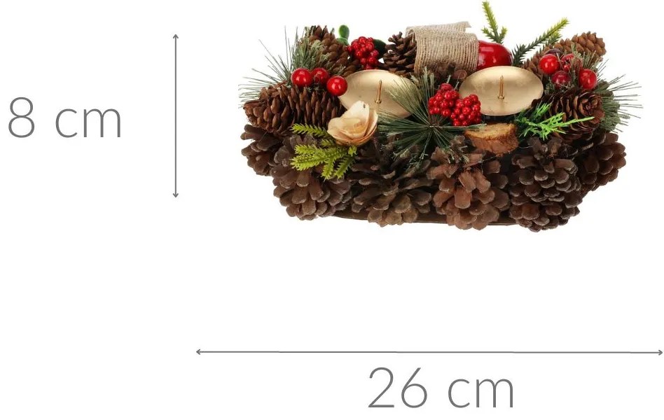 Świecznik z szyszek na dwie świeczki, 26 cm