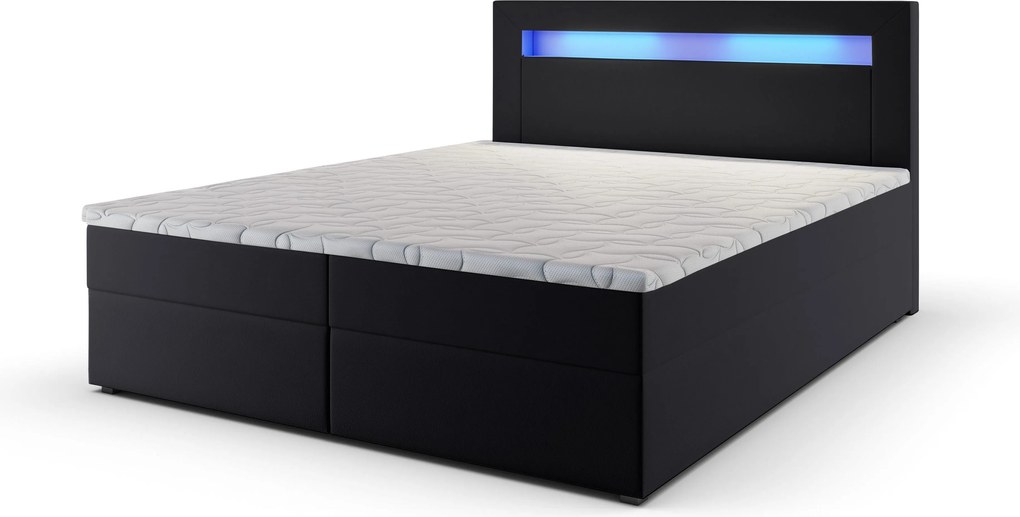 Masseno Łóżko kontynentalne PLATO 160x200 cm LED z pojemnikiem na pościel - Czarny, MADRYT 9100