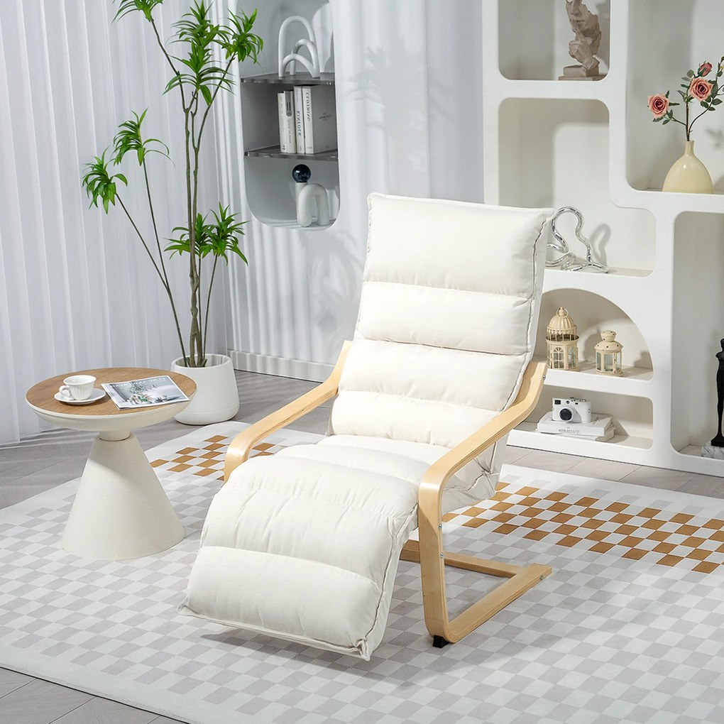 HOMCOM Fotel lounge z laminatu brzozowego, fotel tapicerowany z regulowaną podnóżką, nowoczesny fotel z podłokietnikami, kremowobiały | Aosom PL