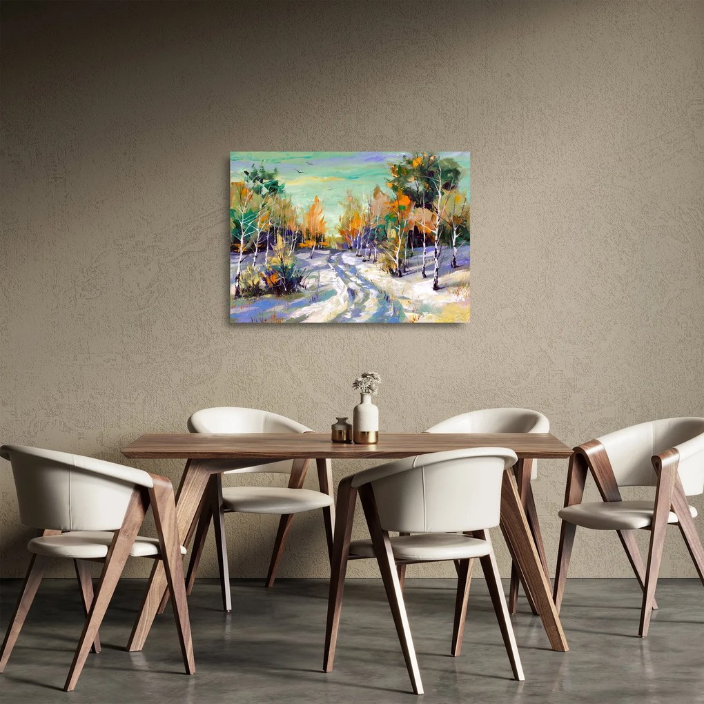 Obraz na szkle - Zaśnieżona ścieżka przez las, obraz olejny (70x50 cm)