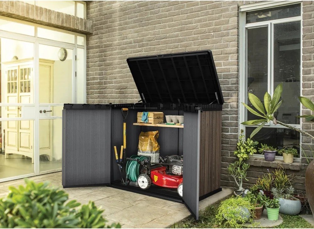 Ciemnobrązowa plastikowa skrzynia ogrodowa Deco – Keter