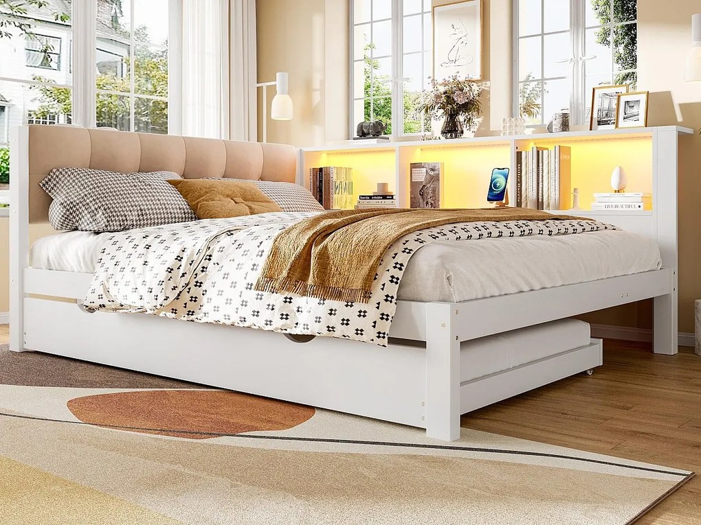 sofá cama 140×200 cm - z łóżkiem wysuwanym - z taśmą LED - z portem USB - biała (materac nie jest zawarty)