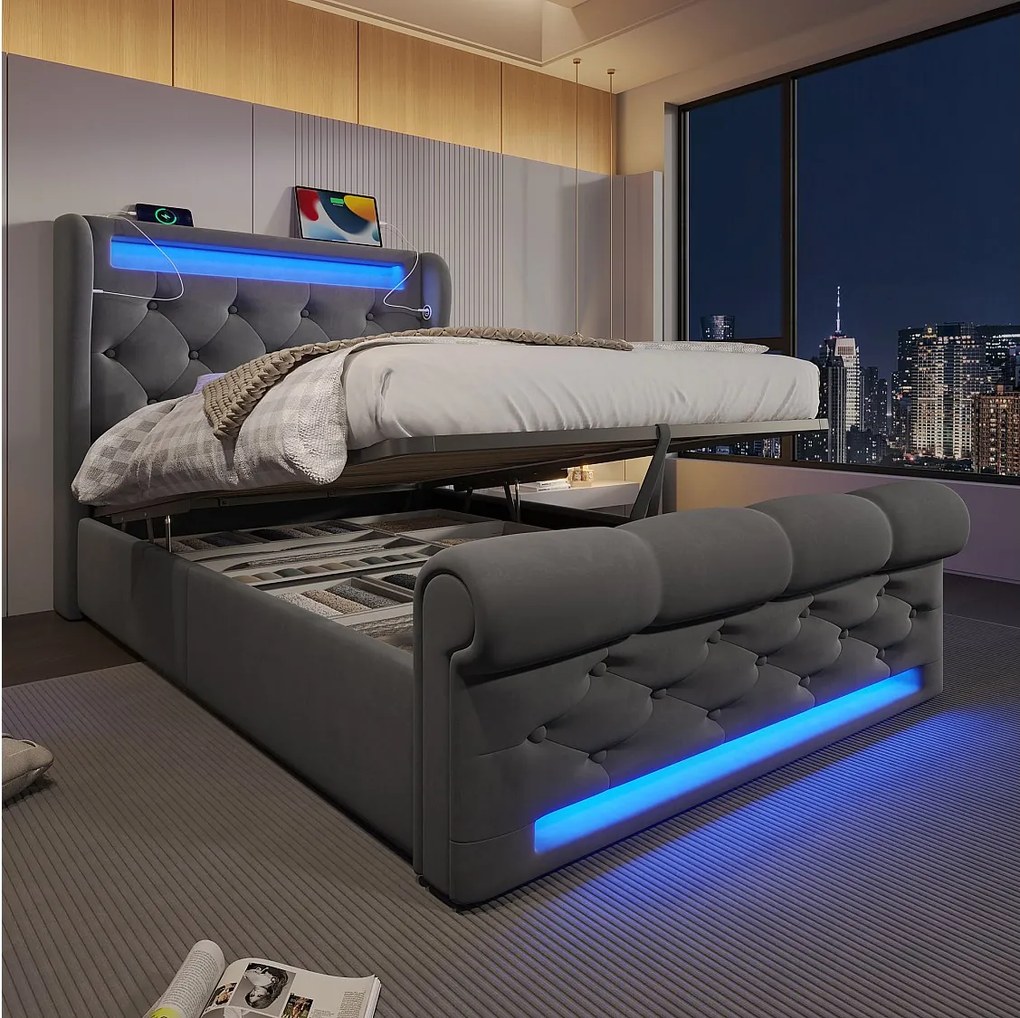 Łóżko z pojemnikiem 90 x 200 cm - Łóżko pojedyncze z ładowaniem USB i oświetleniem LED - szary aksamit - bez materaca