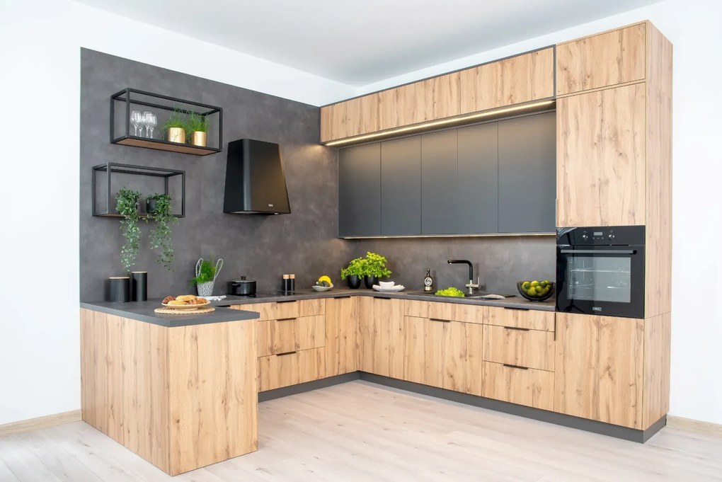 Szafka kuchenna wisząca z okapem 60 BONO W60 SLIM/68 P/L dąb złoty/srebrna STOLKAR