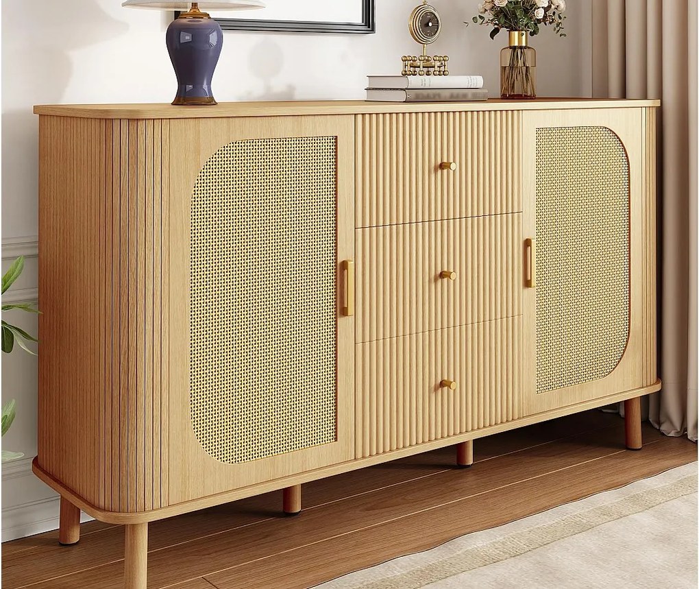 Nowoczesny buffet 140×40×80 cm - z 3 szufladami i 2 drzwiami - metalowe nogi - naturalny