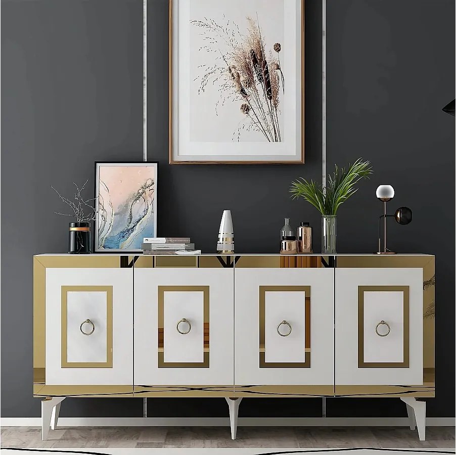 Komoda – 150 x 40 x 79 cm – Kolor biały i złoty – Płyta wiórowa pokryta melaminą