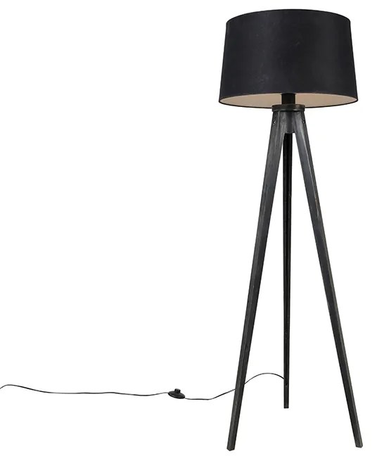 Lampa stojąca na statywie czarna z abażurem z lnu czarnego 45 cm - Tripod Classic klasyczny/Antyczny Oswietlenie wewnetrzne