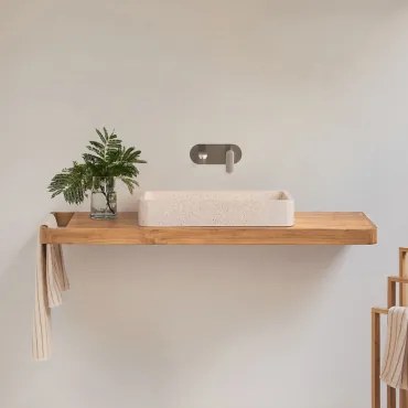 Zestaw Mebli Łazienkowych 130x45 Cm Wiszący Z Drewna Tekowego Neill Drewno Tekowe & Prostokątny Biały Cement 60x30 Cm - Sklum