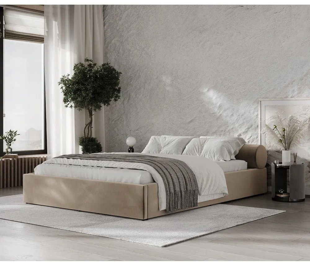 Jasnobrązowe tapicerowane łóżko dwuosobowe ze schowkiem ze stelażem 140x200 cm Solvo – Maison de Rêve