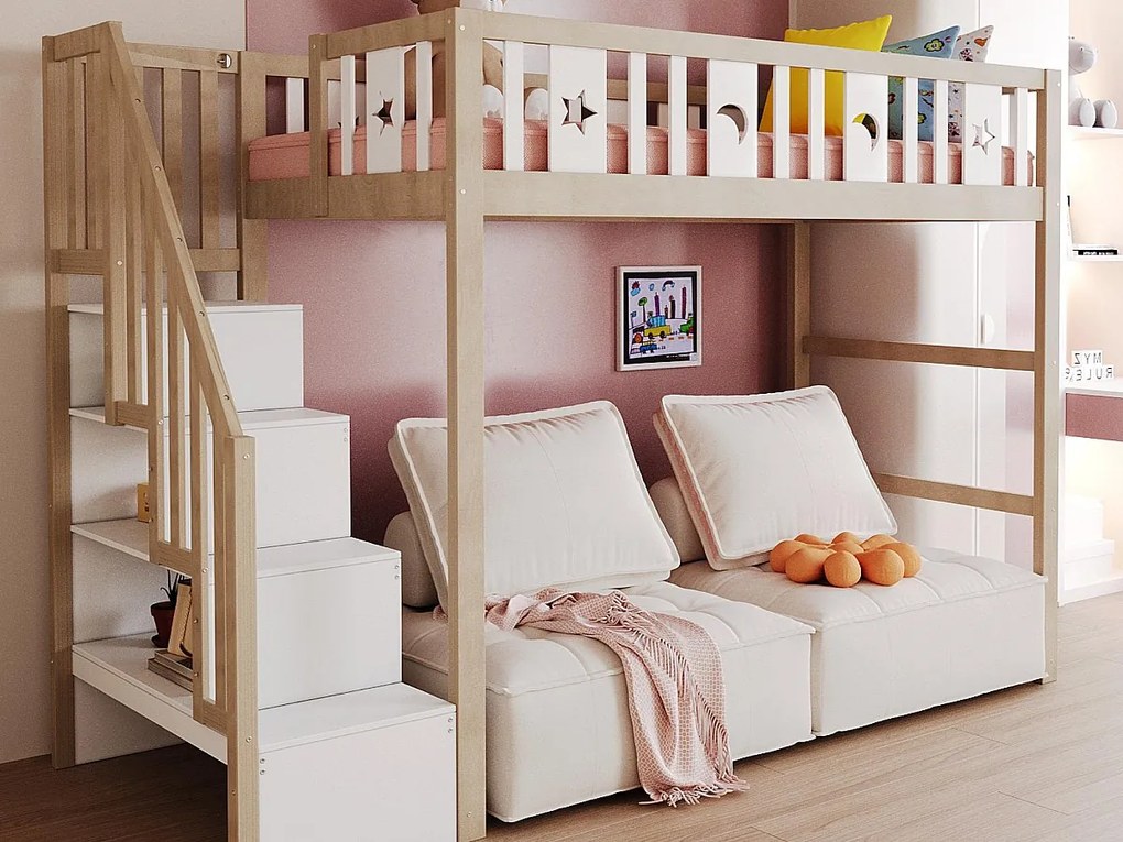 Łóżko antresolowe dziecięce 90×200 cm - z drabiną ze schowkiem - z barierkami bezpieczeństwa - naturalne (bez materaca)