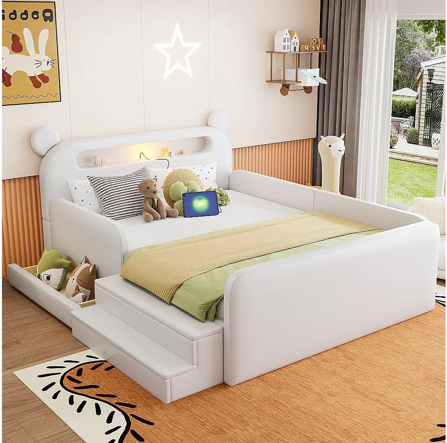 Łóżko dziecięce tapicerowane - 140 x 200 cm - z zagłówkiem + lampką nocną + portem USB + szufladą + podnóżkiem - eko skóra - białe