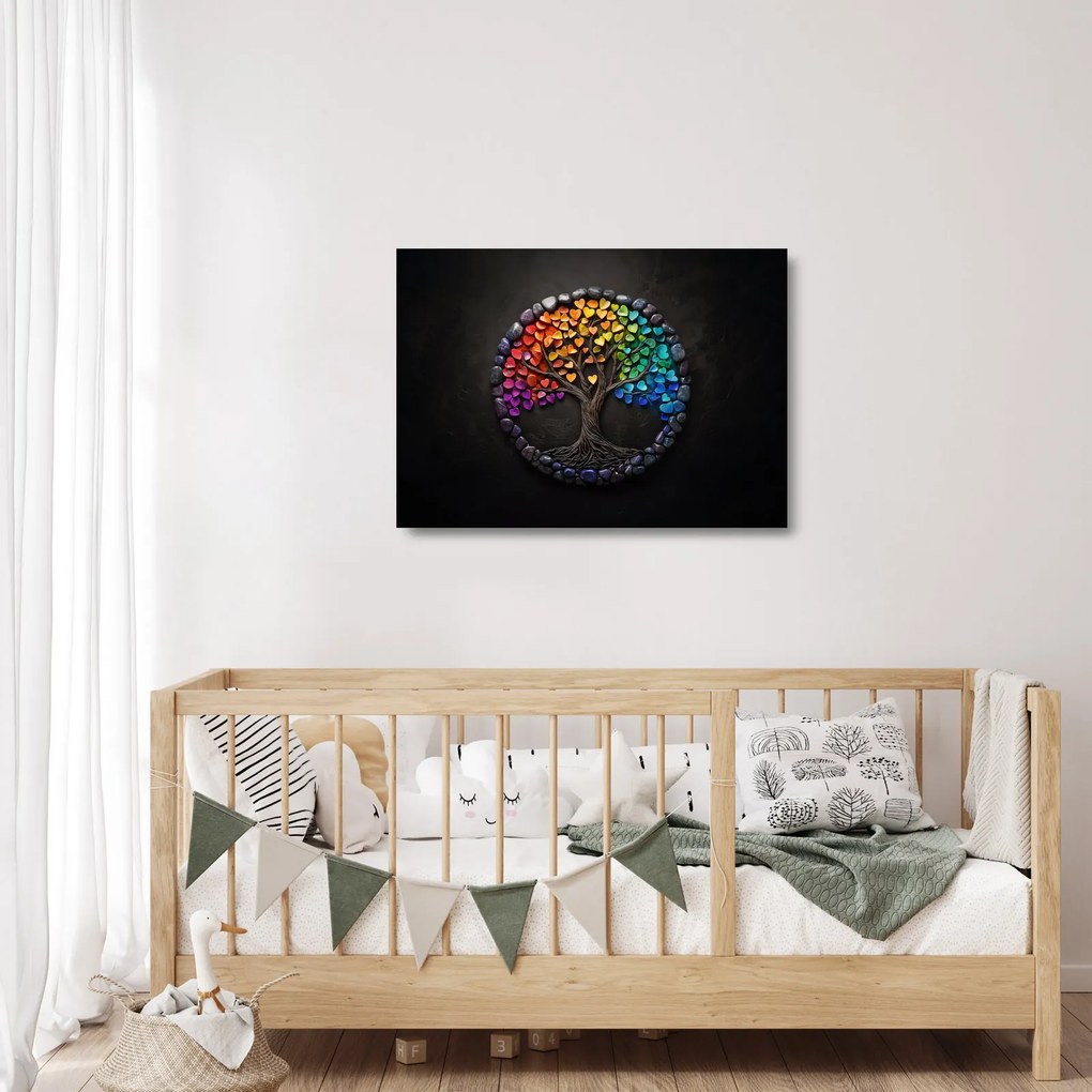 Obraz na szkle – Drzewo pełne kolorowych serc (70x50 cm)
