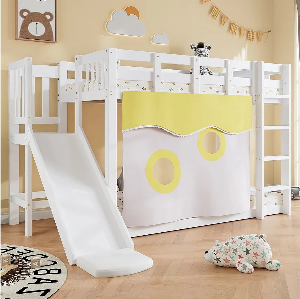 Łóżko piętrowe drewniane - 2 x 90 x 200 cm - ze schodami i barierkami + zasłonka + zjeżdżalnia - MDF + sosna - białe