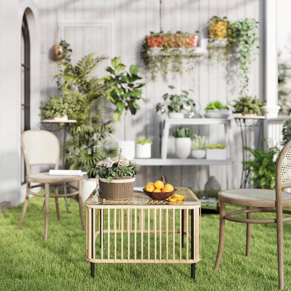 Outsunny Stół ogrodowy Polyrattan, 65 x 65 x 43 cm, odporny na warunki atmosferyczne kwadratowy z blatem ze szkła kolor naturalny