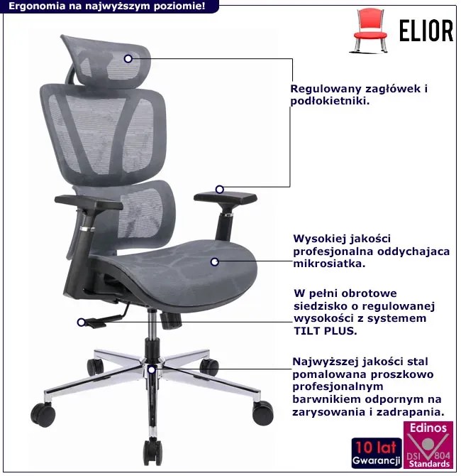 Szare ergonomiczne krzesło biurowe z zagłówkiem -  Floris 3X