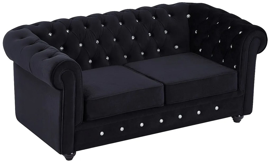 Kanapa 2 osobowa z czarnego weluru z guzikami w kształcie kryształków - CHESTERFIELD
