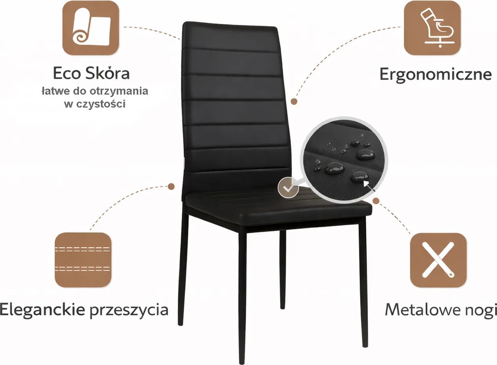 Zestaw 4 krzeseł Faro do jadalni z czarnej eko skóry – nowoczesne, metalowe nogi