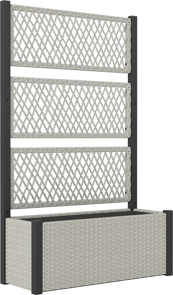 Outsunny Wysoki rabat z kratką w stylu rattanowym, skrzynia na rośliny z podporą 90 x 35 x 148cm Szary | Aosom PL